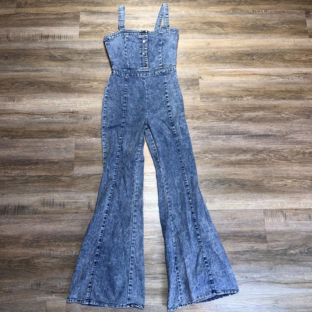 Denim By Jealous Tomato Flare Jumpsuit Womens Small Blue Acid Wash Bell Bottom